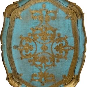 Vtg Florentine Italian Wood Guilded Toleware Tray Turquoise/Gold 22 ¾"L x 14.5"W